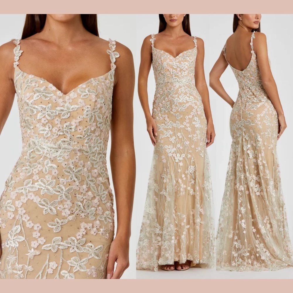 NWD $798 Mac Duggal [ 0‎ ] 67492 Floral Embroidered Tulle Trumpet Gown Nude
